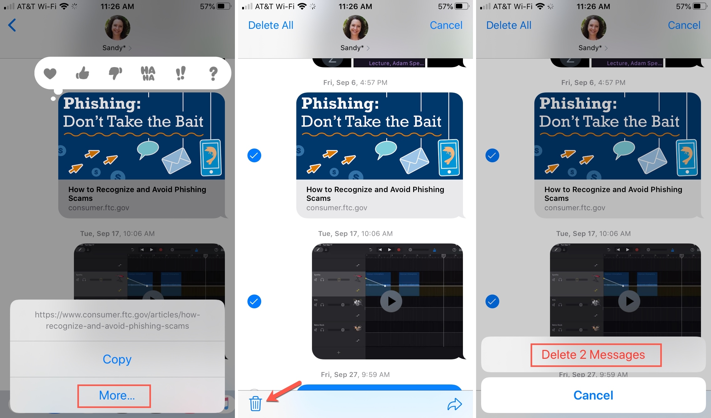 Elimina i messaggi degli elementi di conversazione iPhone