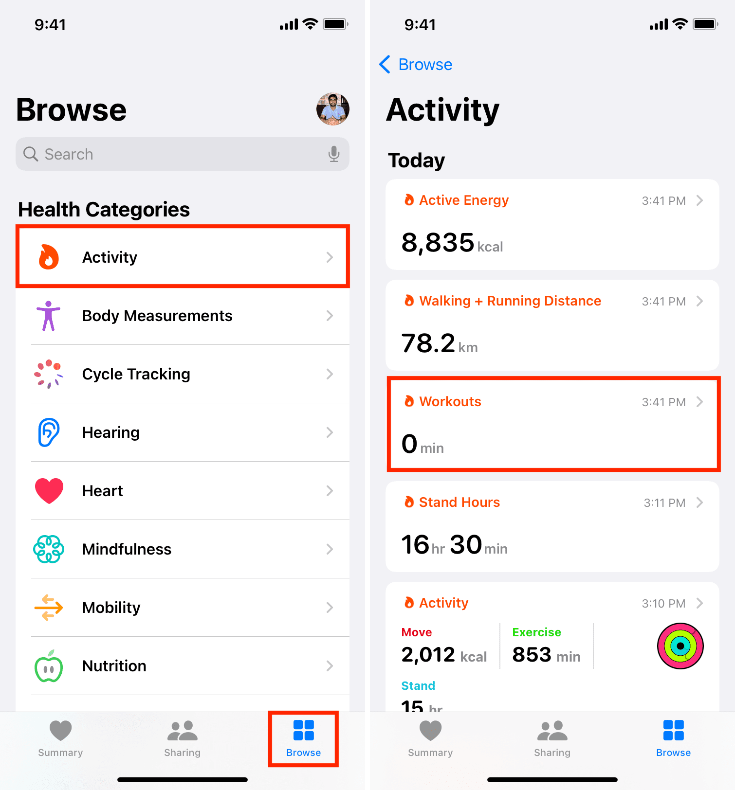 Allenamenti nella sezione Attività dell'app Salute su iPhone