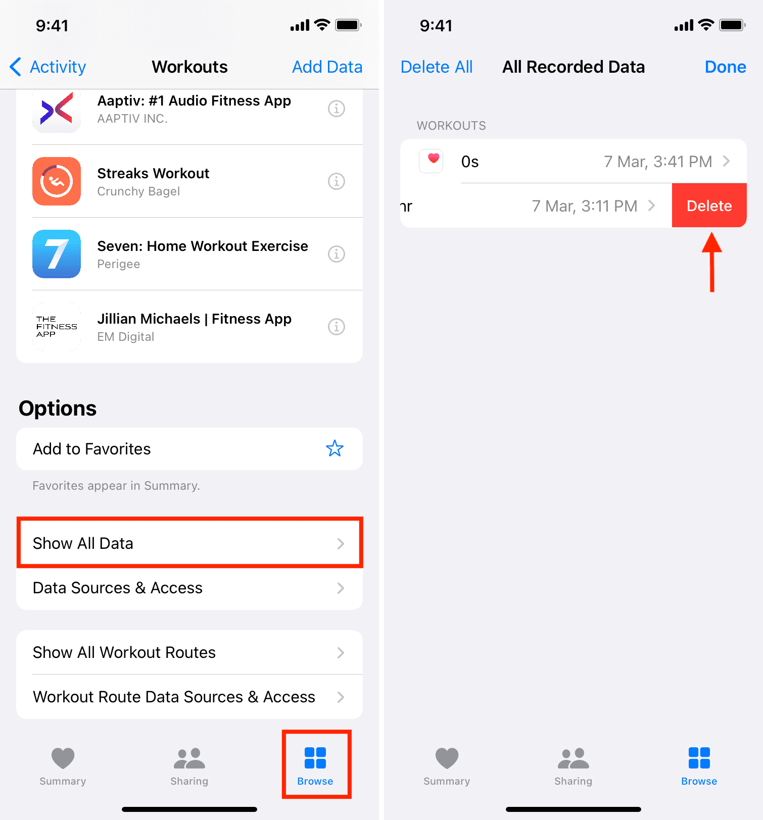 Elimina i dati di allenamento registrati nell'app Salute su iPhone