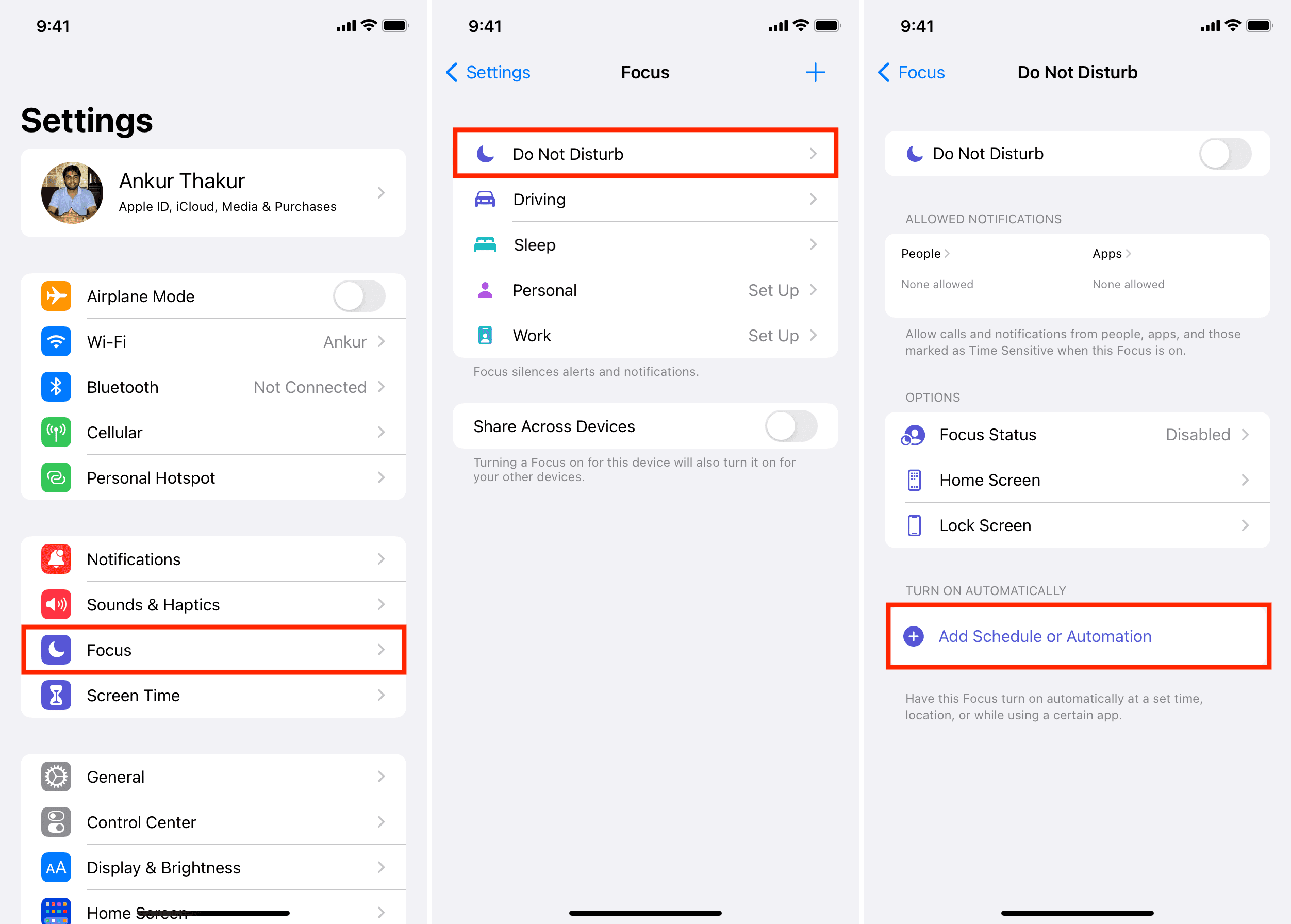 Aggiungi pianificazione o automazione DND iPhone