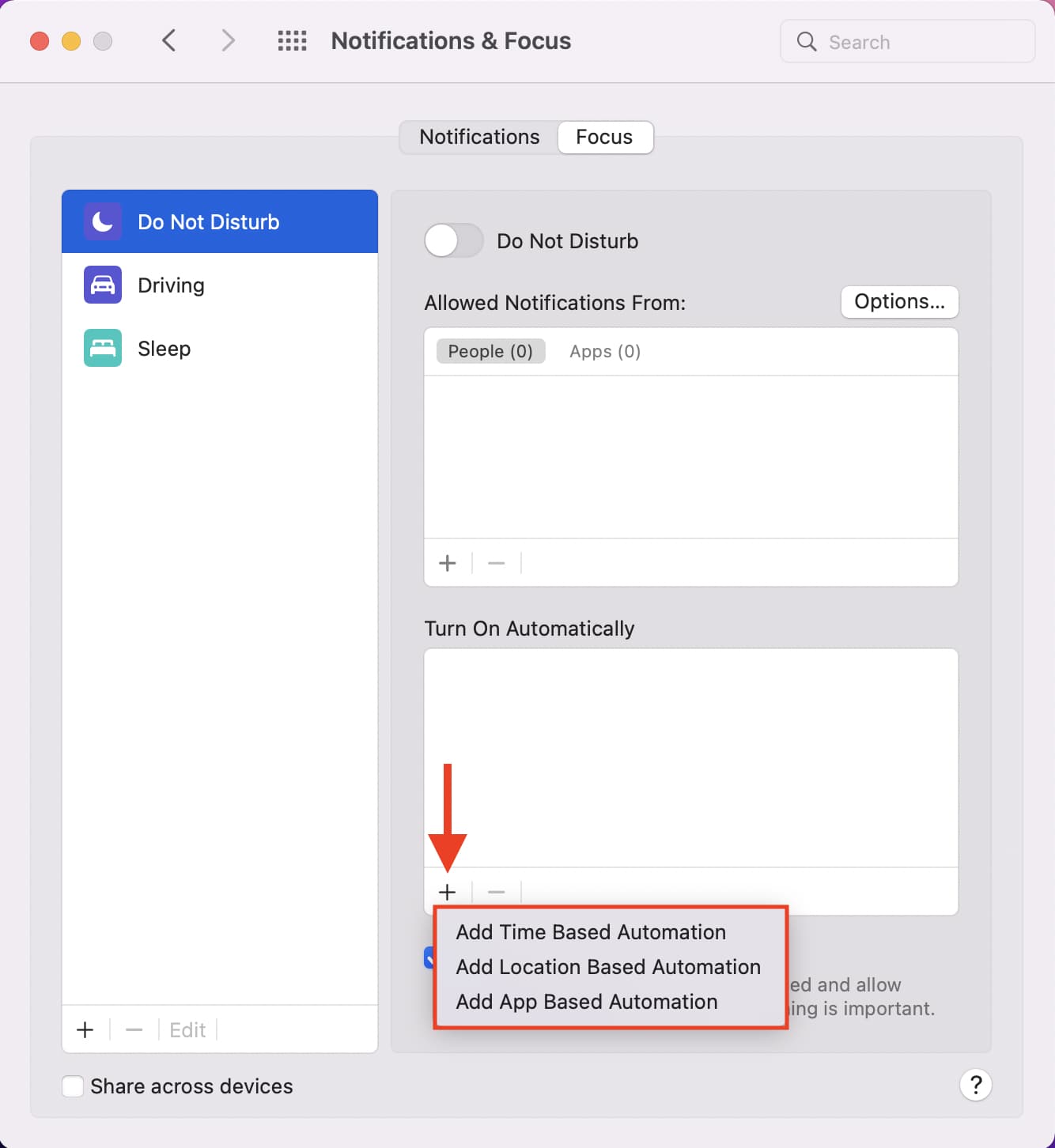 Aggiungi l'automazione DND su Mac