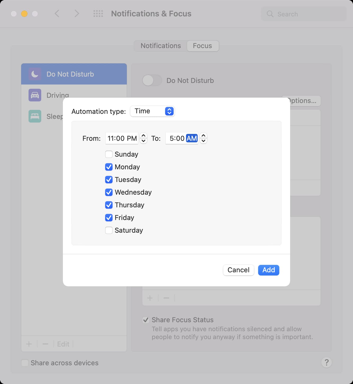 Imposta l'ora e il giorno di Non disturbare su Mac