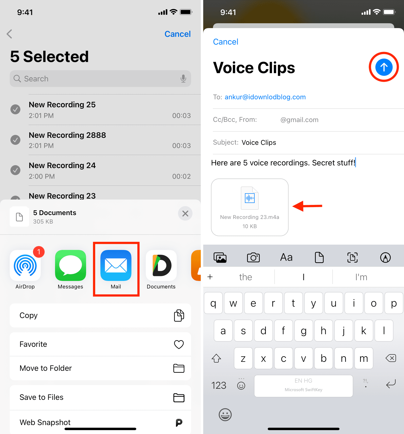 Trasferisci i memo vocali dall'iPhone al computer tramite e-mail