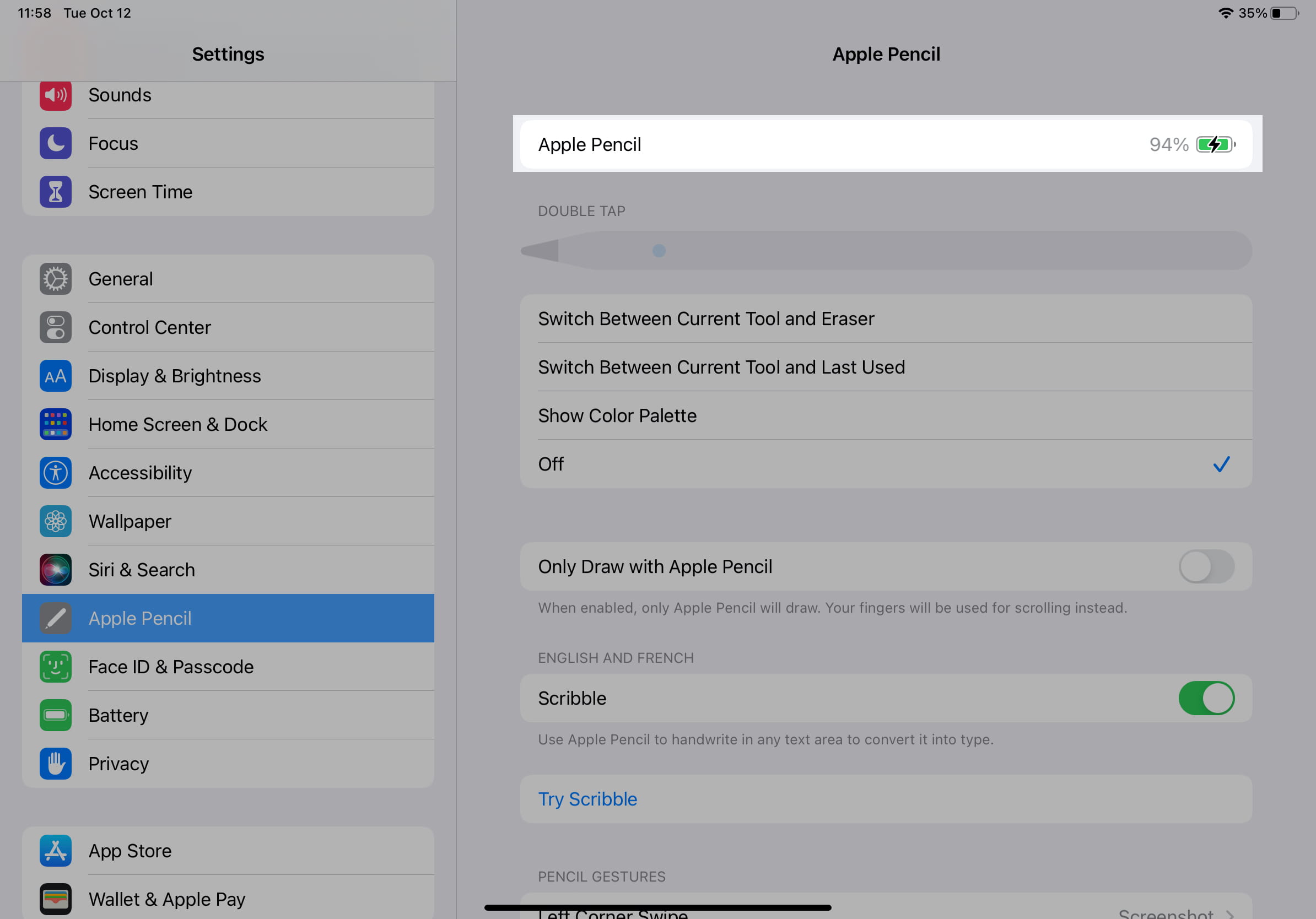 Percentuale della batteria di Apple Pencil nelle impostazioni dell'iPad
