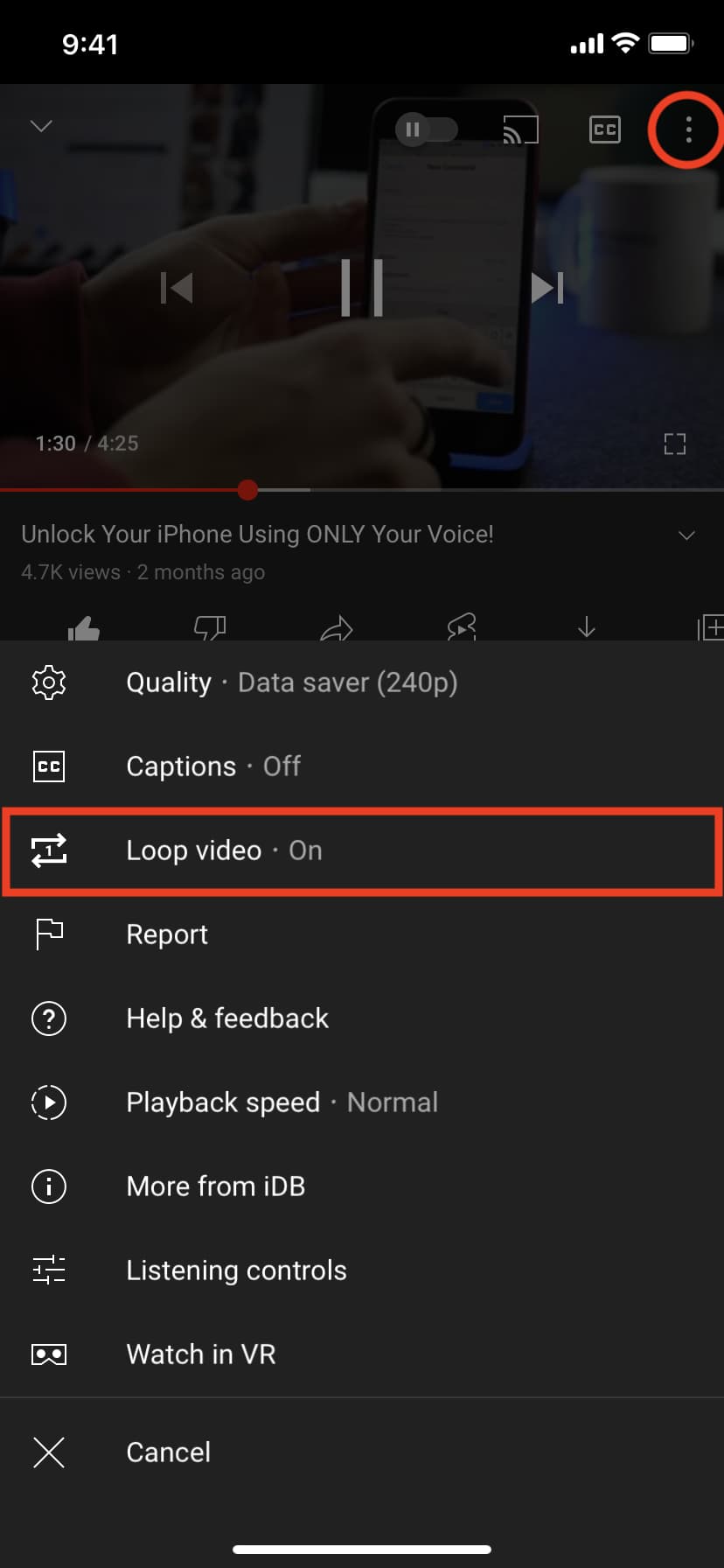 Ripeti il ​​video di YouTube nell'app mobile