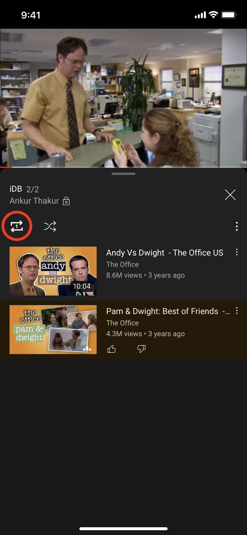 Ripeti un singolo video della playlist di YouTube