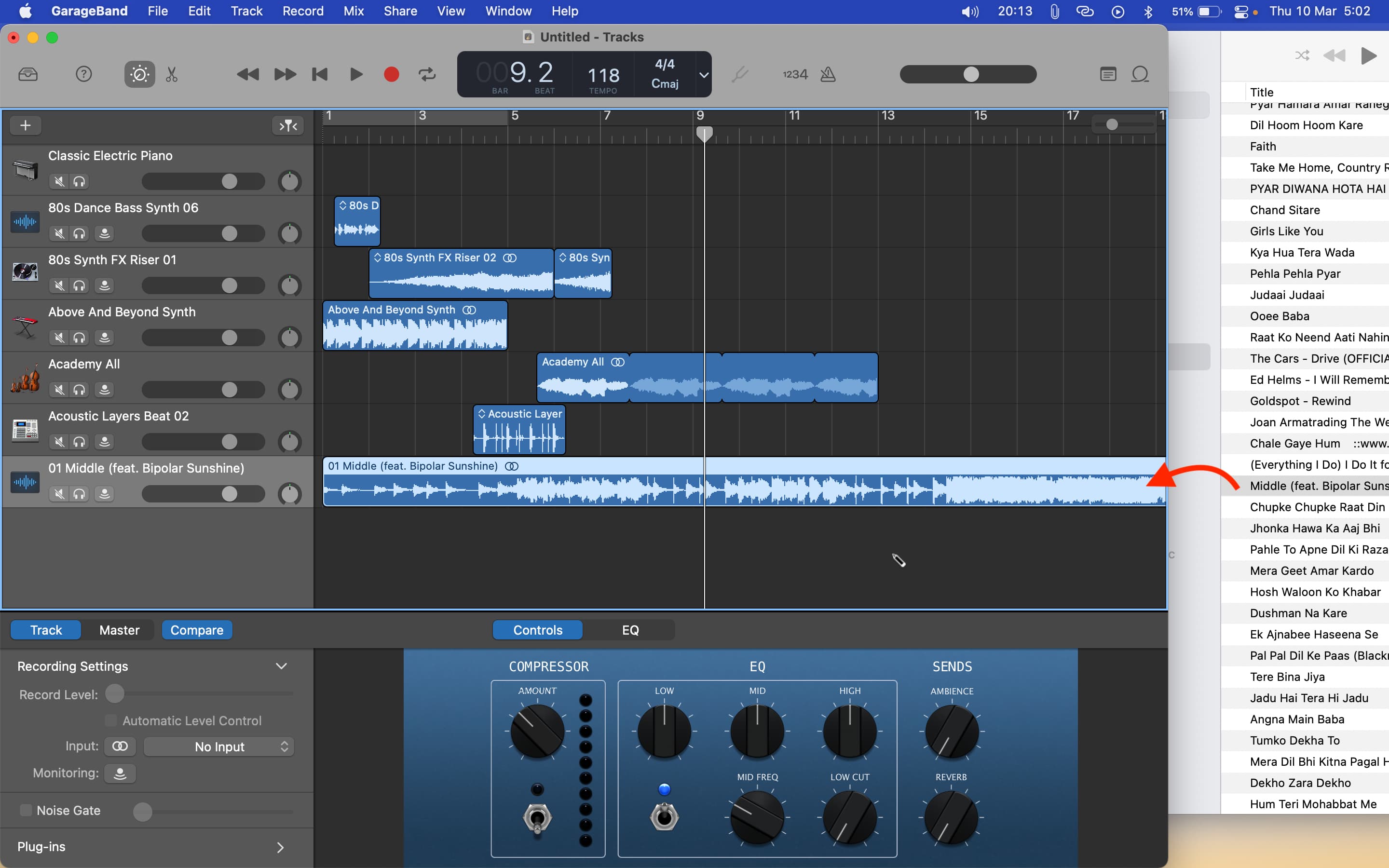 Importa il brano dall'app Musica in GarageBand sul Mac