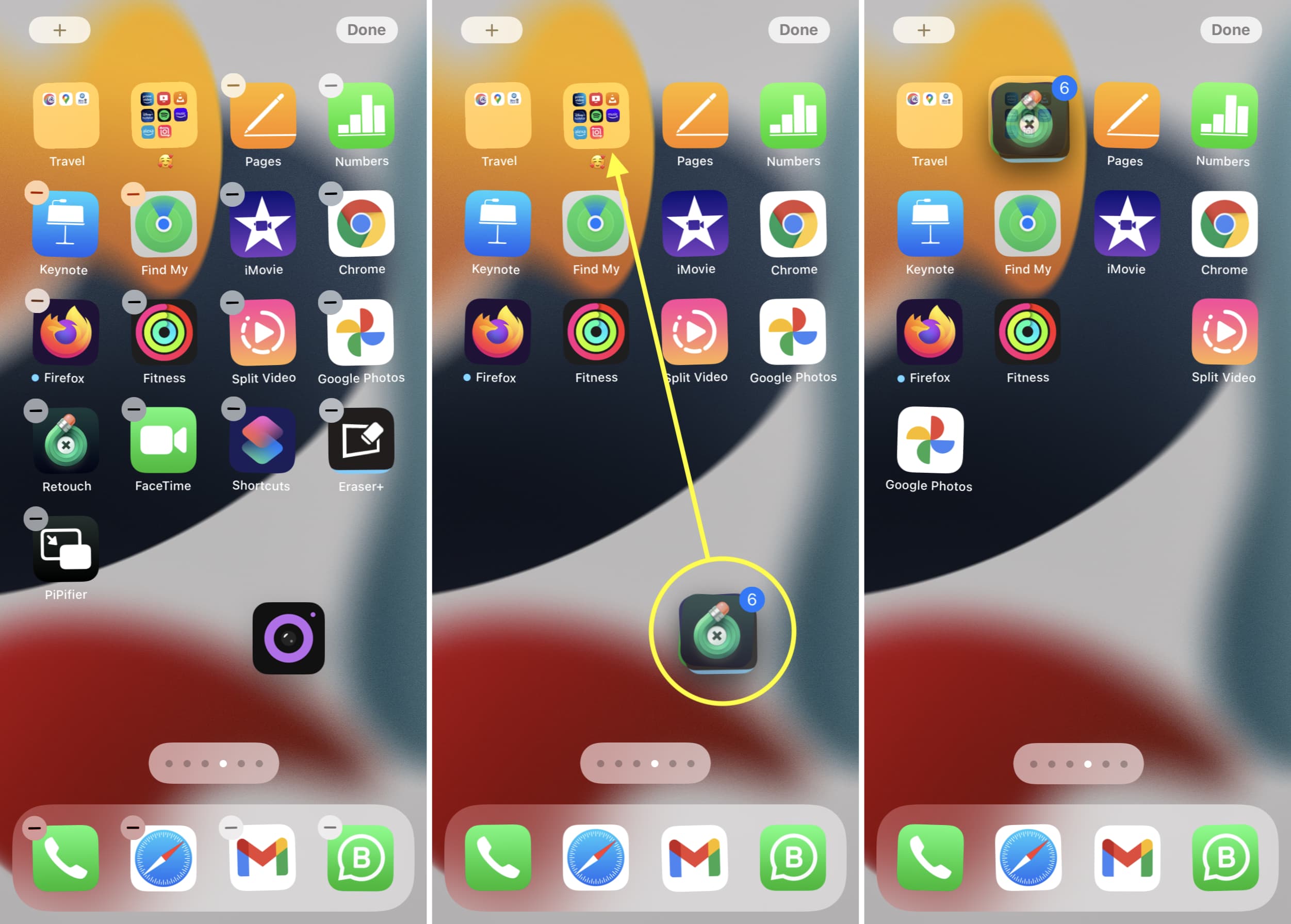 Passaggi che mostrano come aggiungere più app insieme a una cartella su iPhone