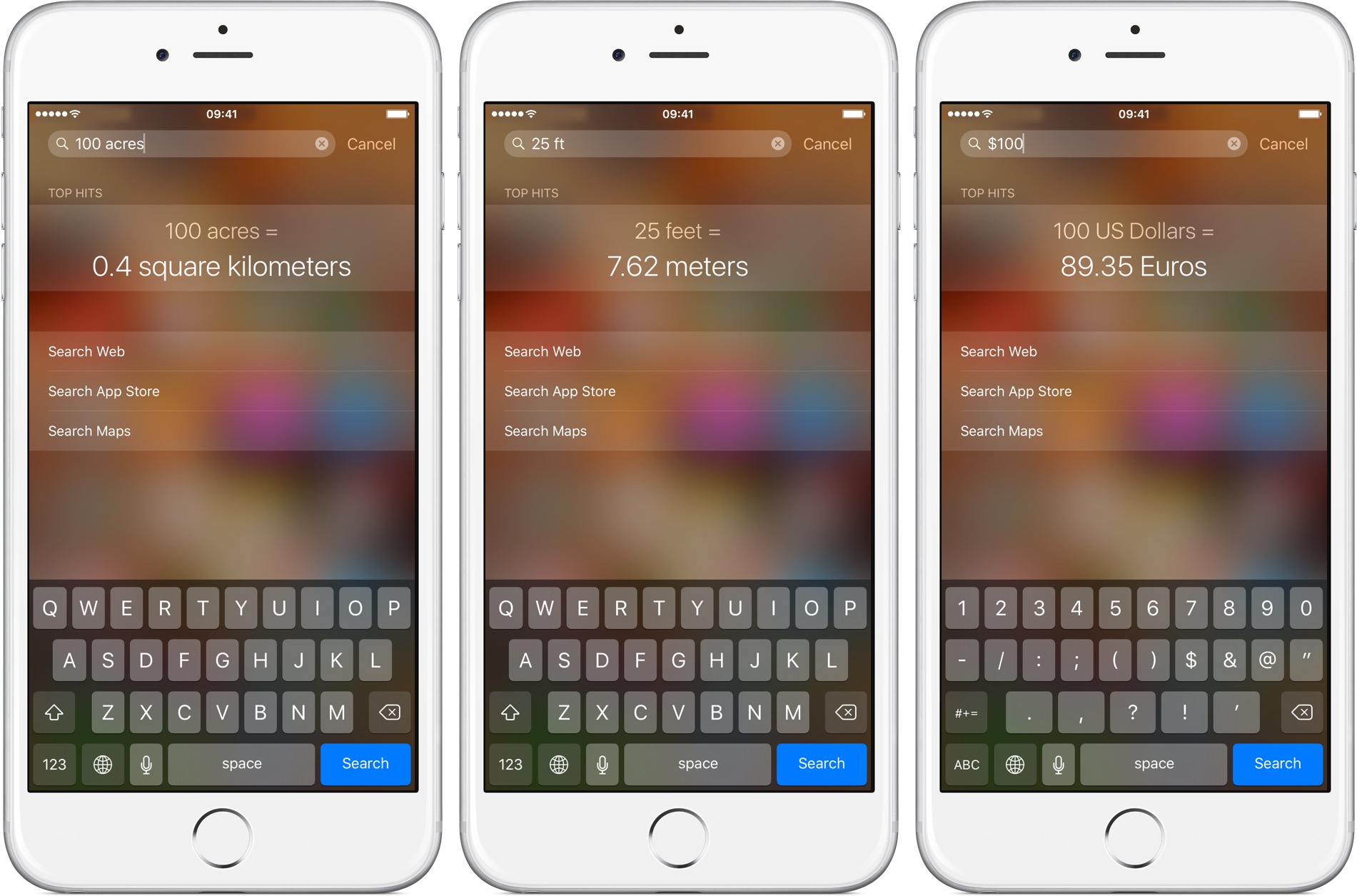 Unità Spotlight iOS 9 e conversione di valuta