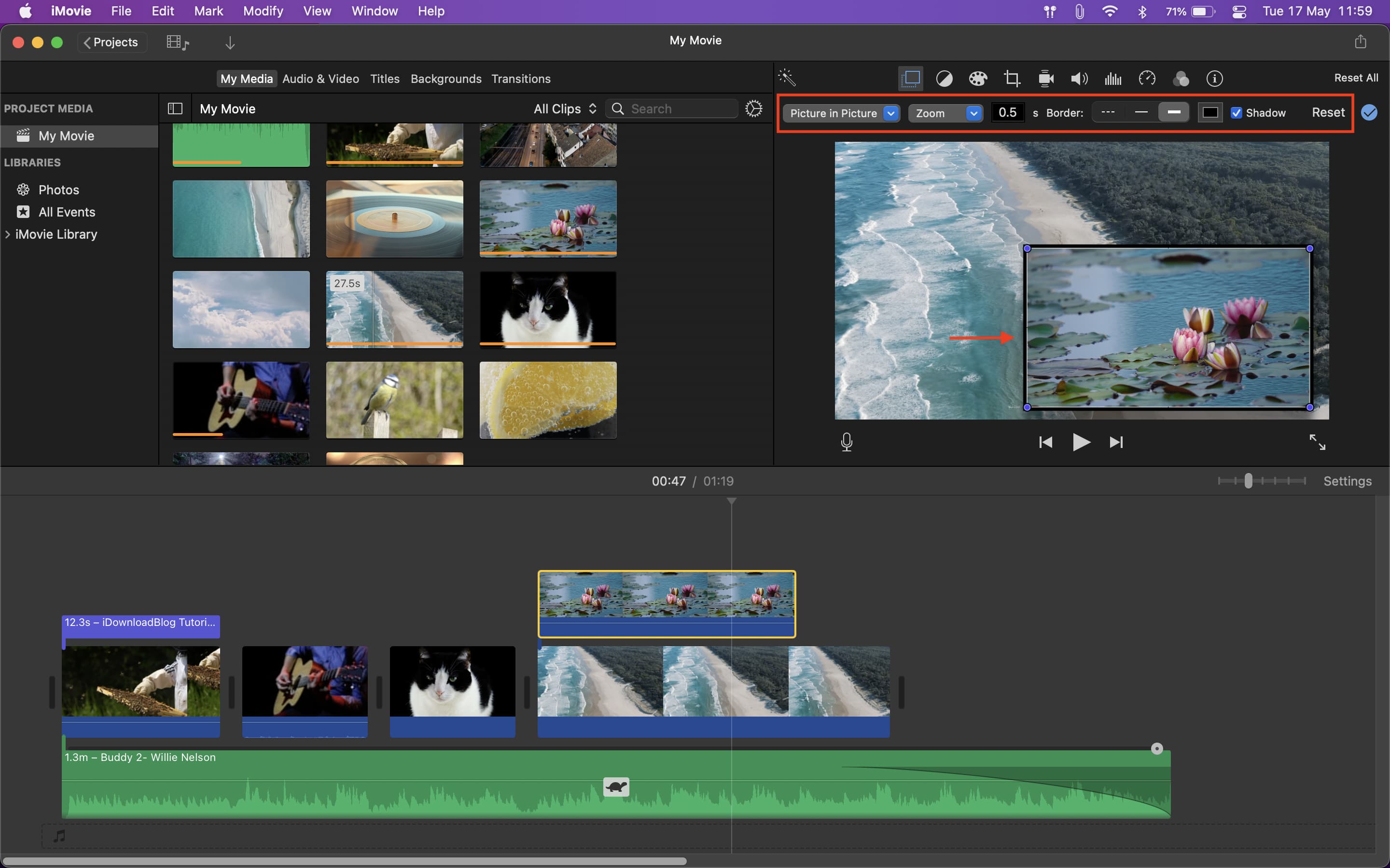 Modifica le impostazioni Picture in Picture in iMovie su Mac