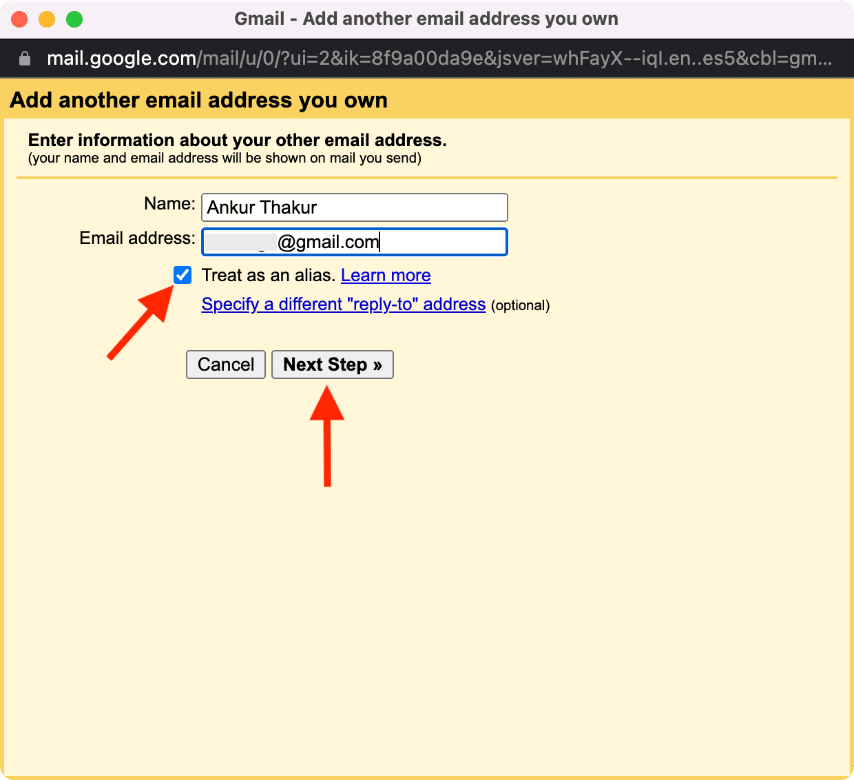 Aggiungi un altro indirizzo email di tua proprietà e seleziona Tratta come alias in Gmail
