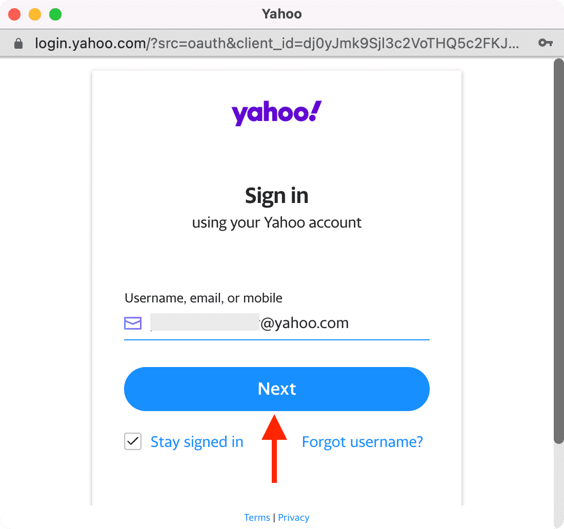 Accedi utilizzando il tuo account Yahoo
