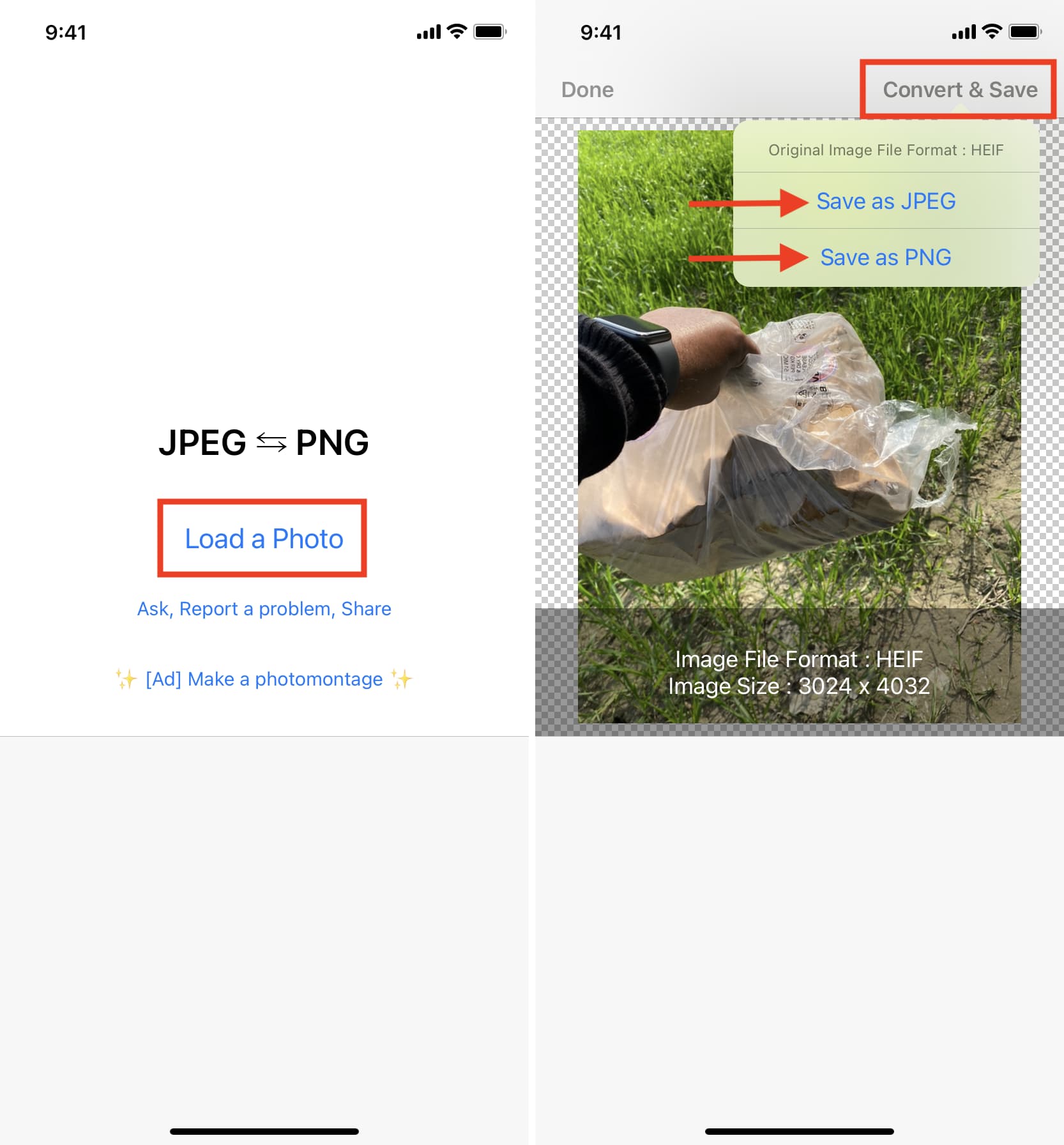 Converti l'immagine in JPG o PNG utilizzando l'app gratuita per iPhone