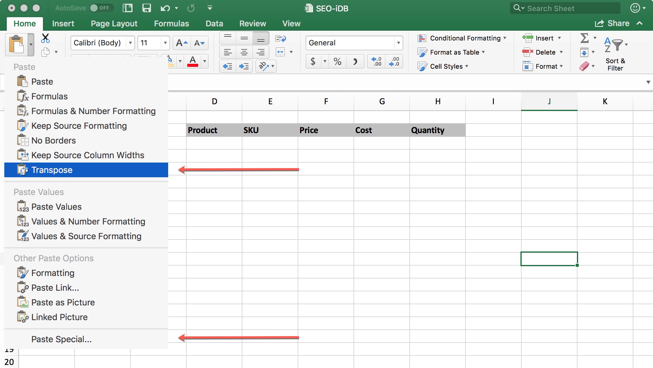 Excel Trasponi o Incolla speciale