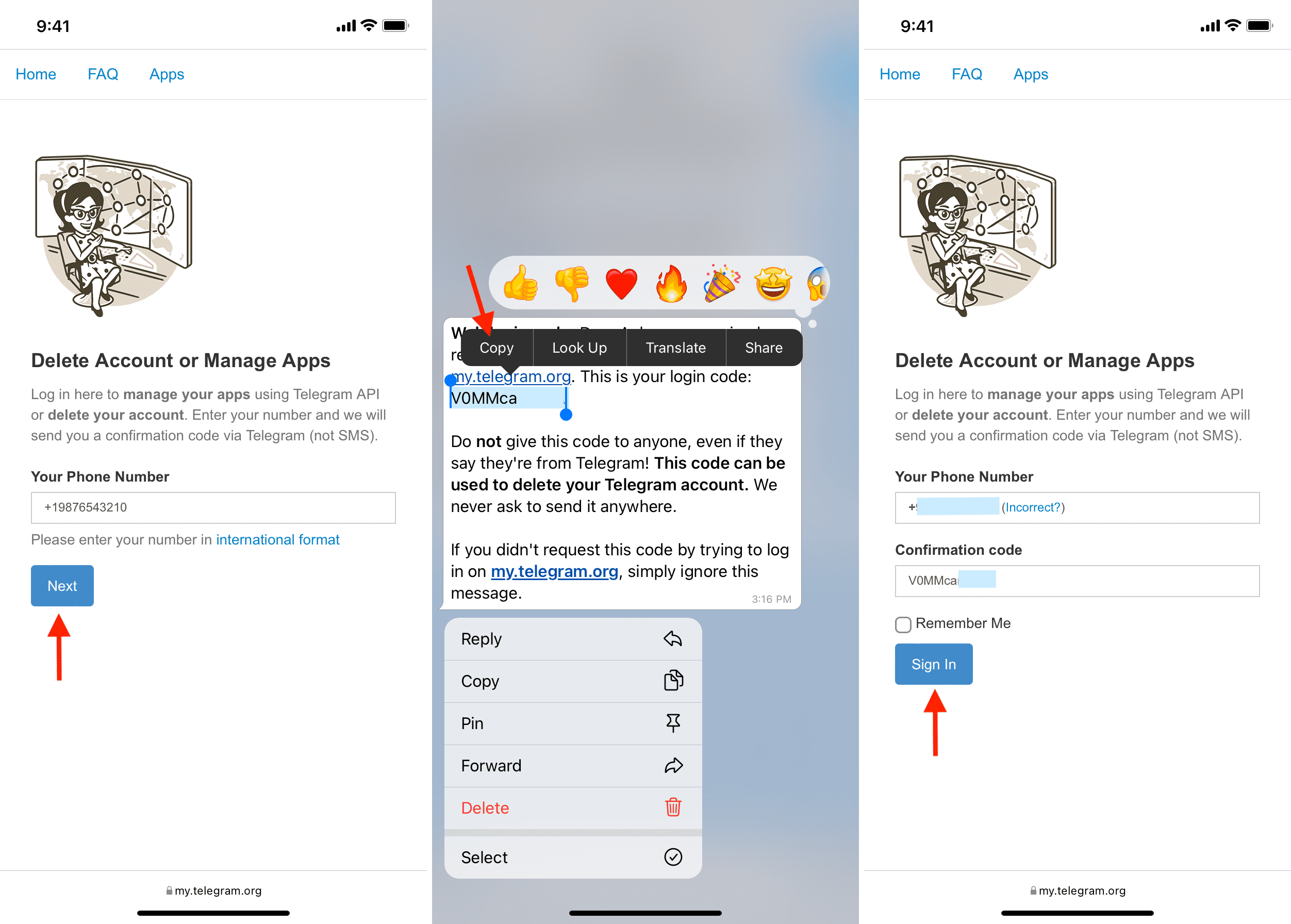 Accedi al mio Telegram sul web per iniziare la cancellazione dell'account