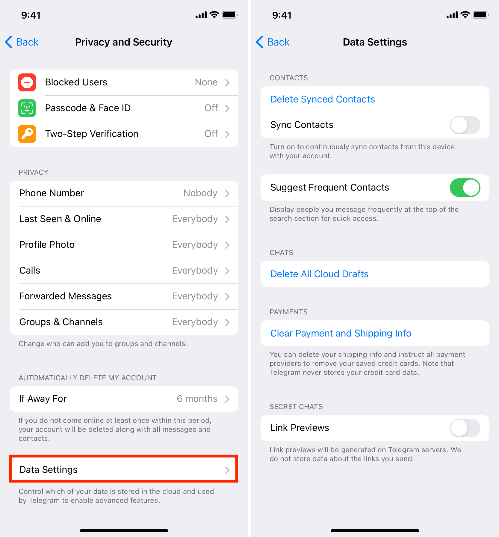 Elimina contatti, pagamento, indirizzo da Telegram