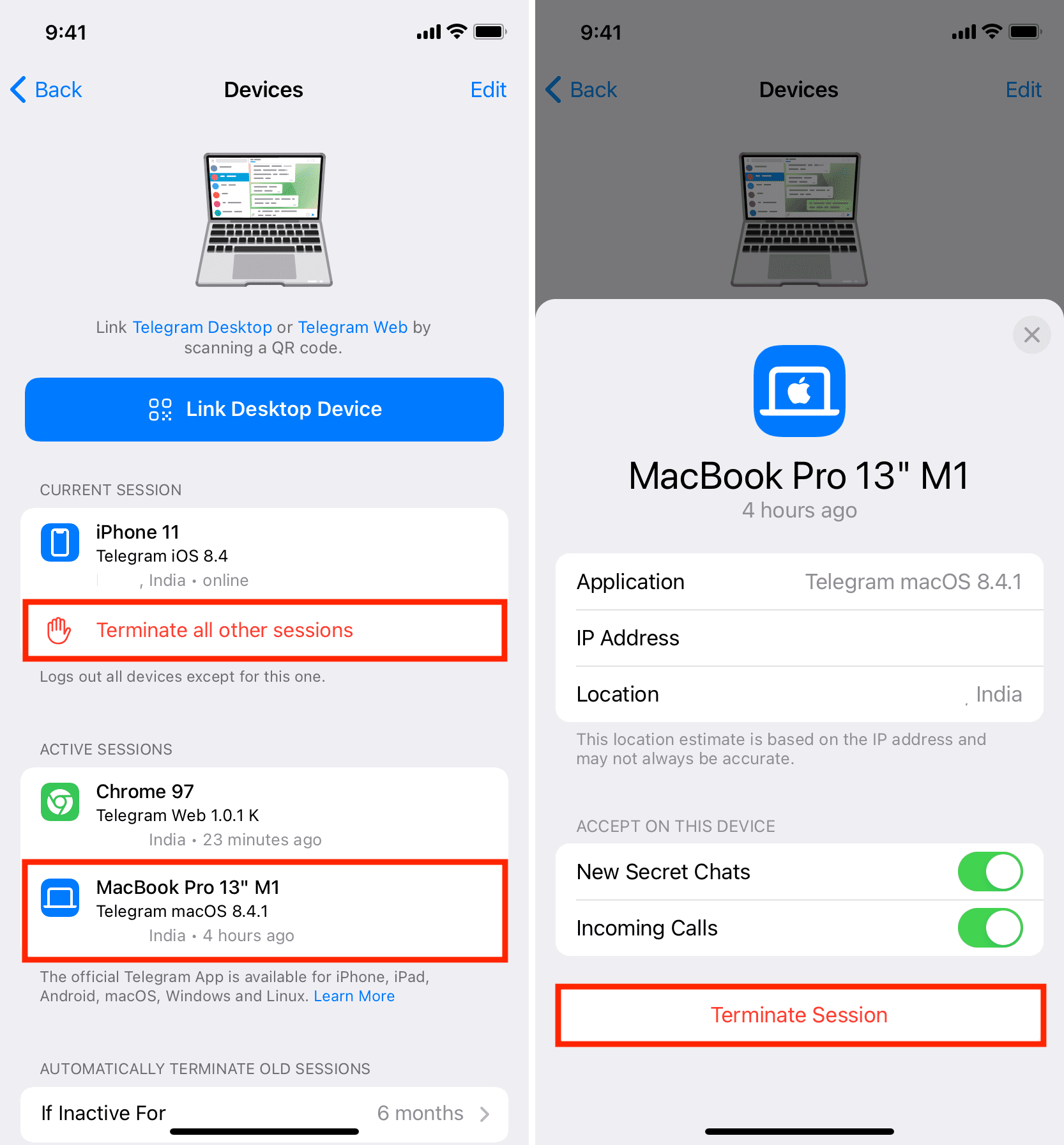 Termina la sessione per Telegram su Mac, PC o Web