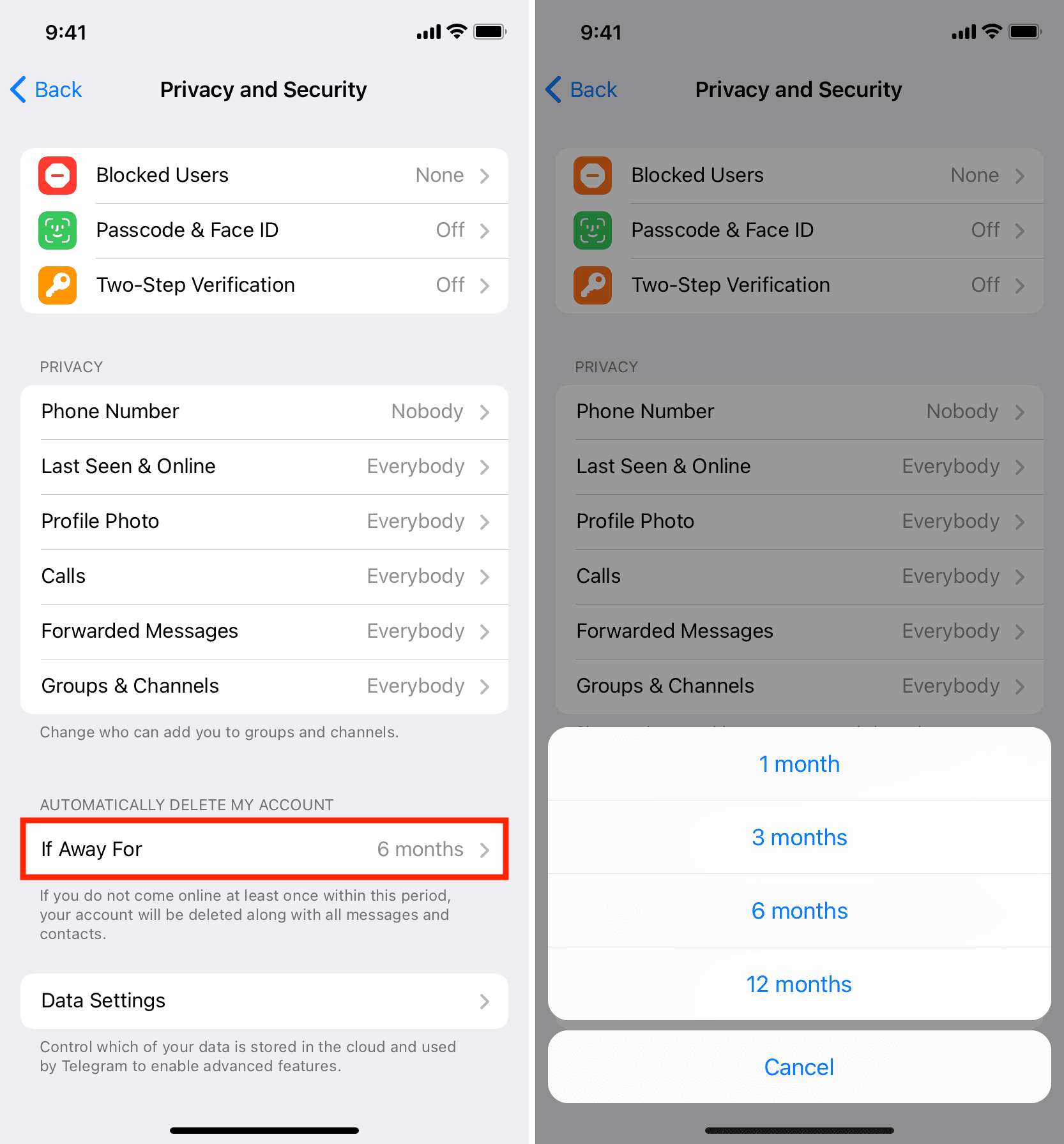 Imposta l'account Telegram per l'eliminazione automatica