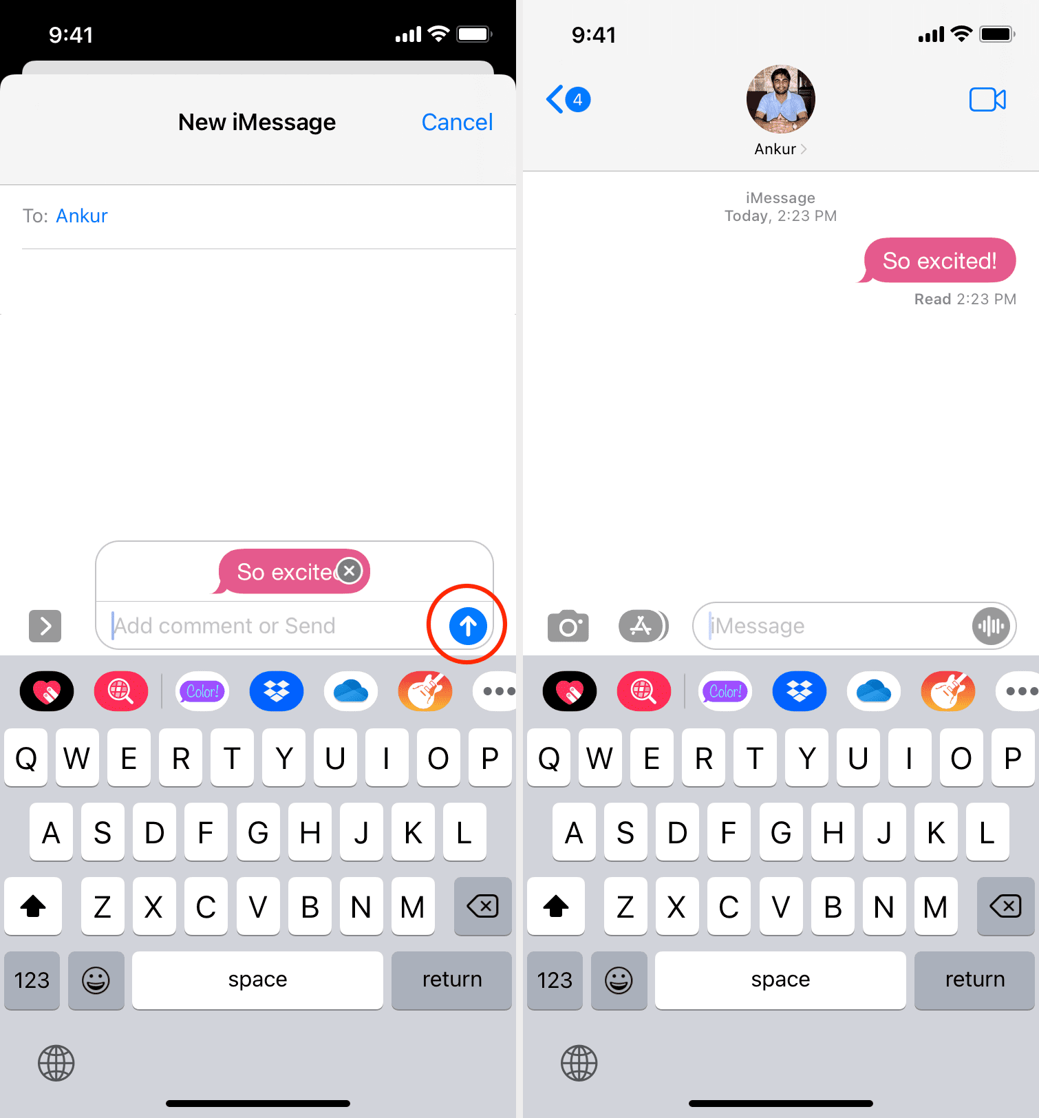 Bolla colorata di iMessage inviata da iPhone