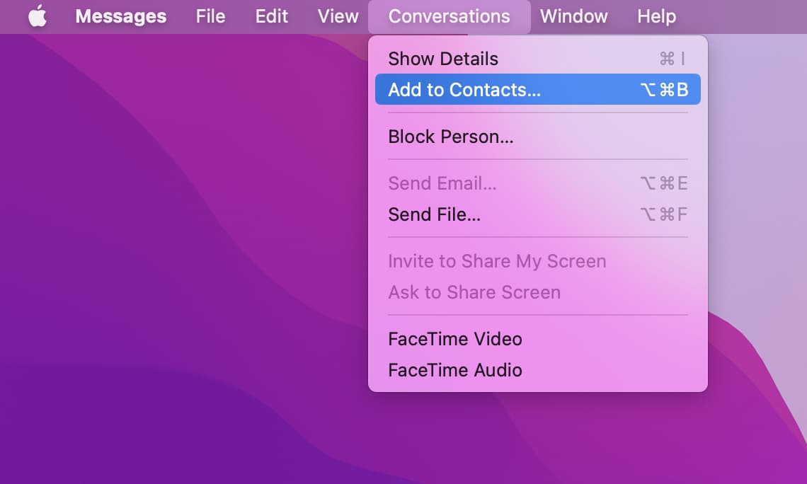 Conversazioni Aggiungi a Contatti su Mac