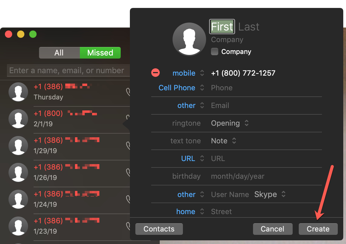 Crea contatto FaceTime Caller Mac