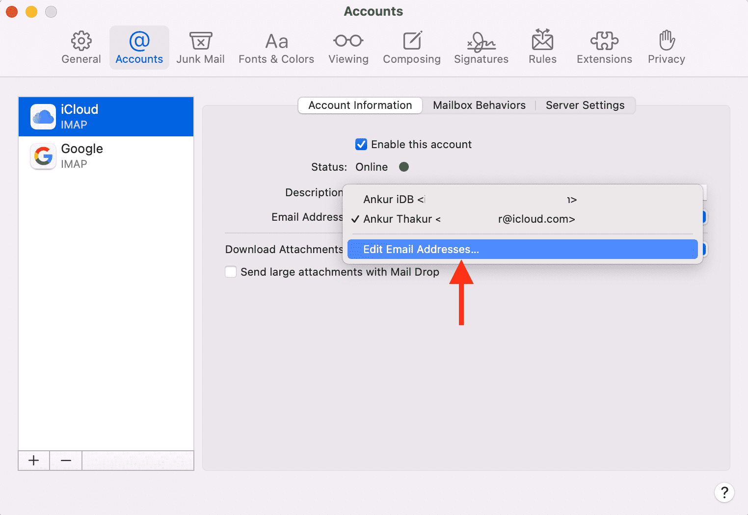 Modifica il nome visualizzato dell'e-mail del mittente per l'e-mail iCloud nell'app Mac Mail