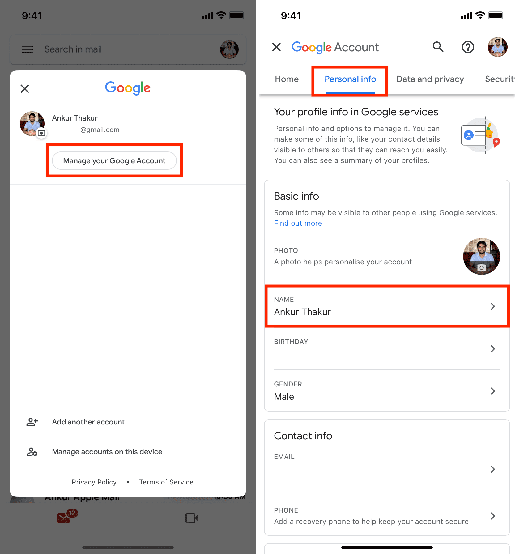 Modifica il nome visualizzato dell'e-mail nell'app Gmail su iPhone