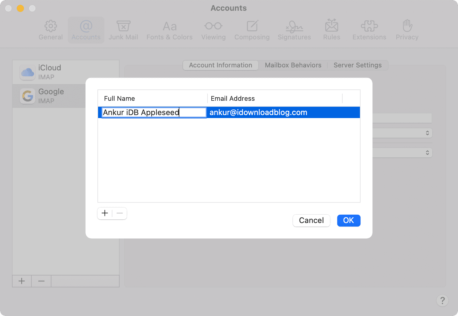 Modifica il nome visualizzato dell'e-mail del mittente per Gmail nell'app Mac Mail