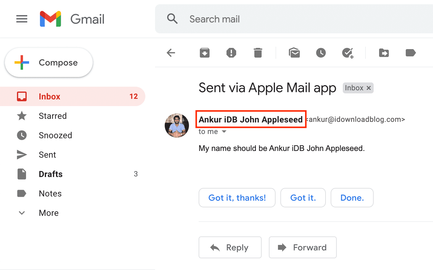 Il nome dell'e-mail è cambiato correttamente