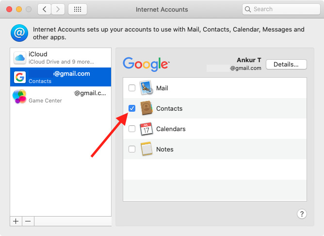 Nella sezione Account Internet Mac abilita Contatti Google