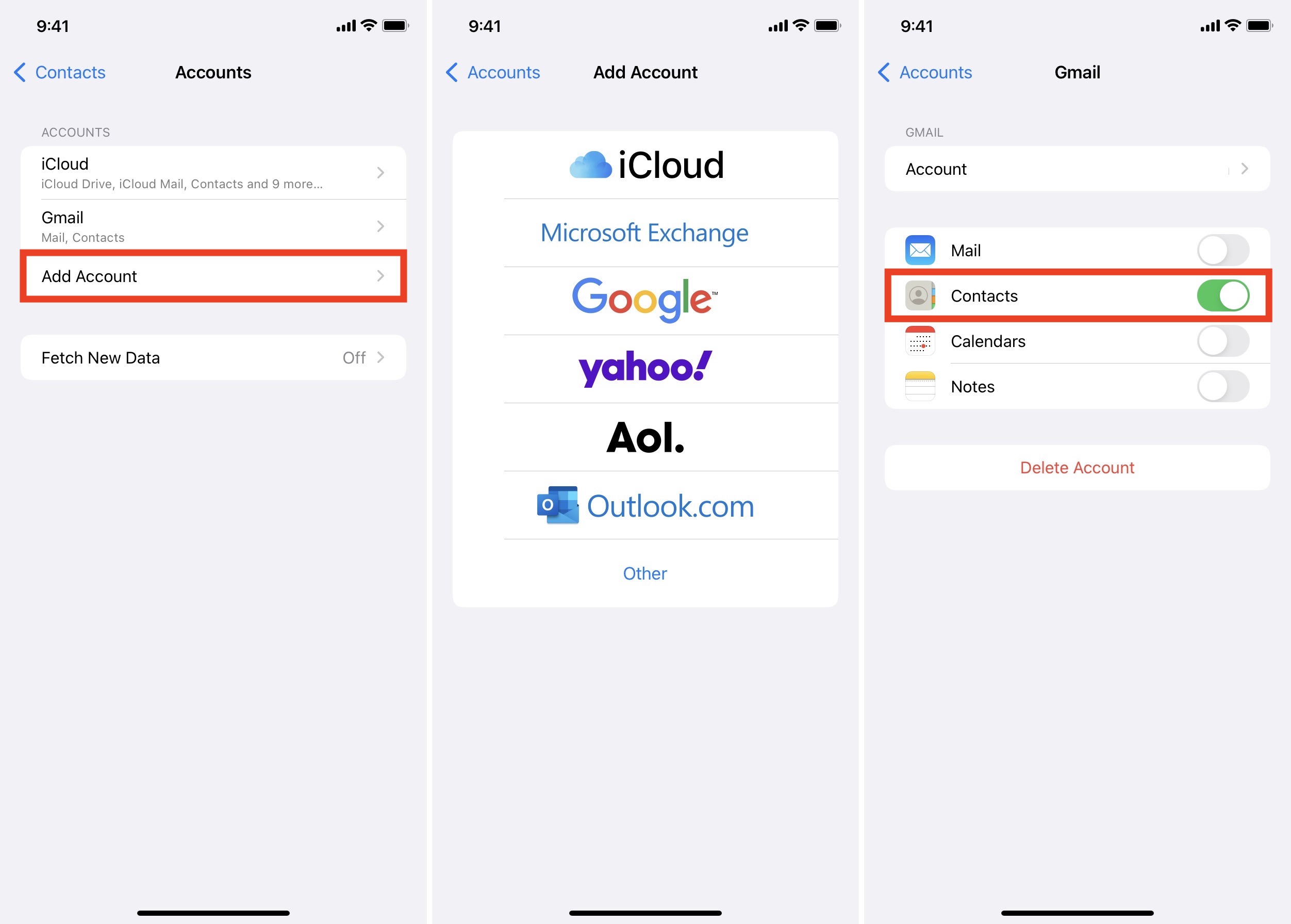 Nelle impostazioni dei Contatti di iPhone tocca Aggiungi account scegli account e abilita Contatti