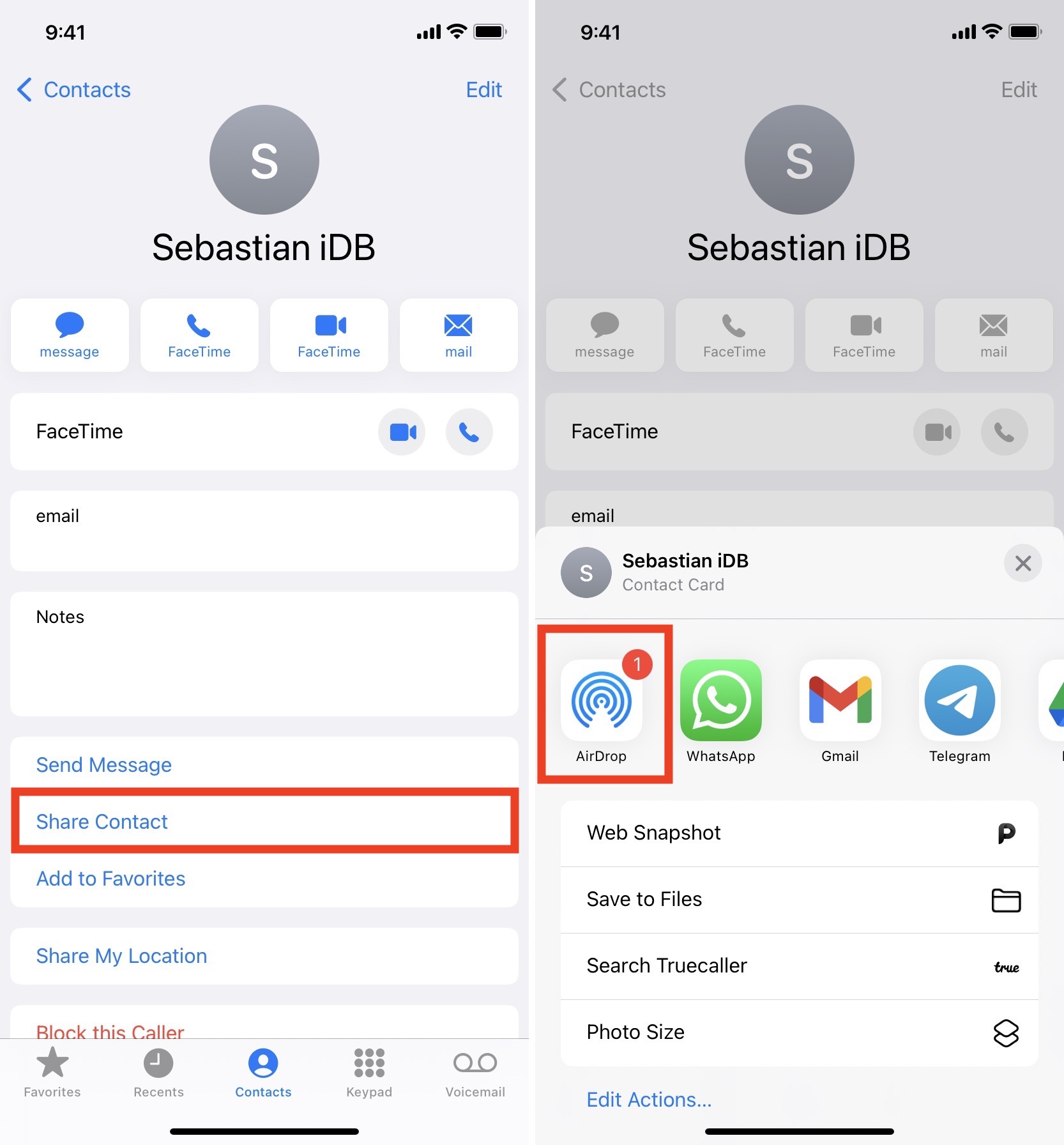 Nell'app Contatti di iPhone tocca Condividi contatto e scegli AirDrop per inviarlo al Mac