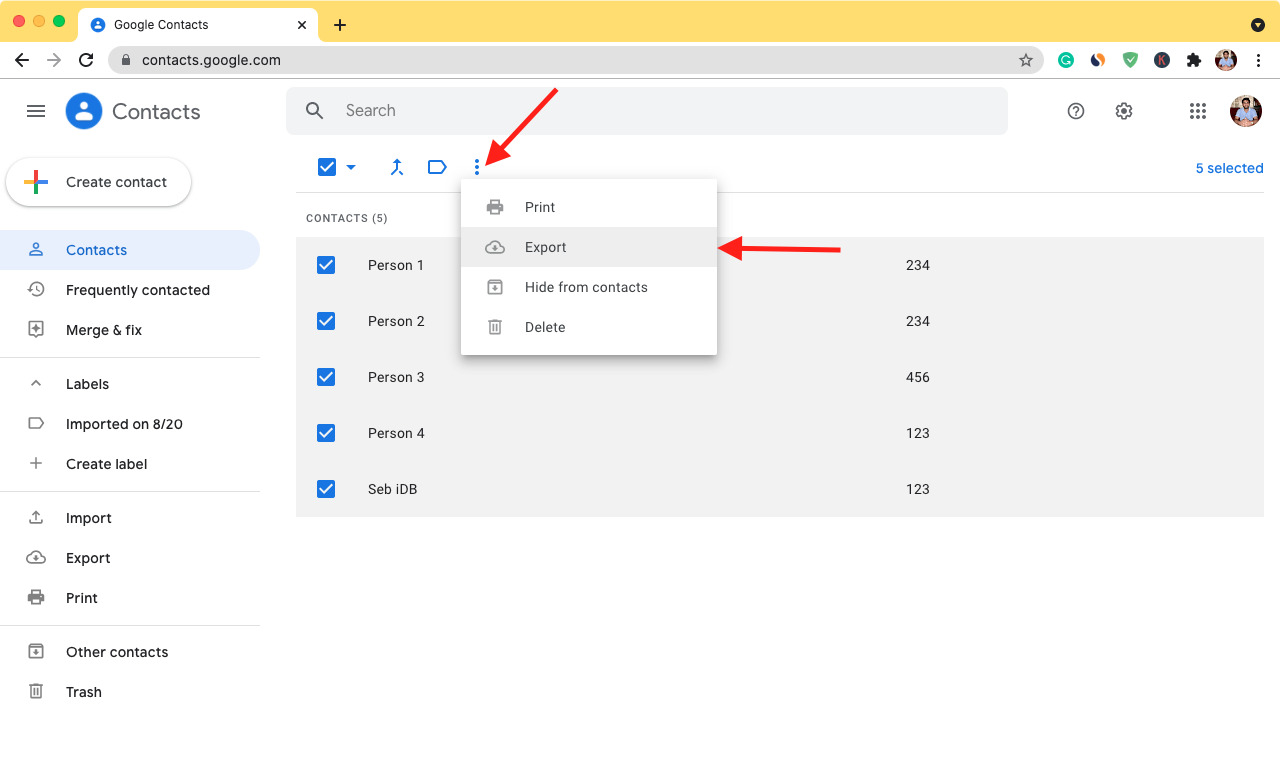Esporta i tuoi contatti da Contatti Google sul web