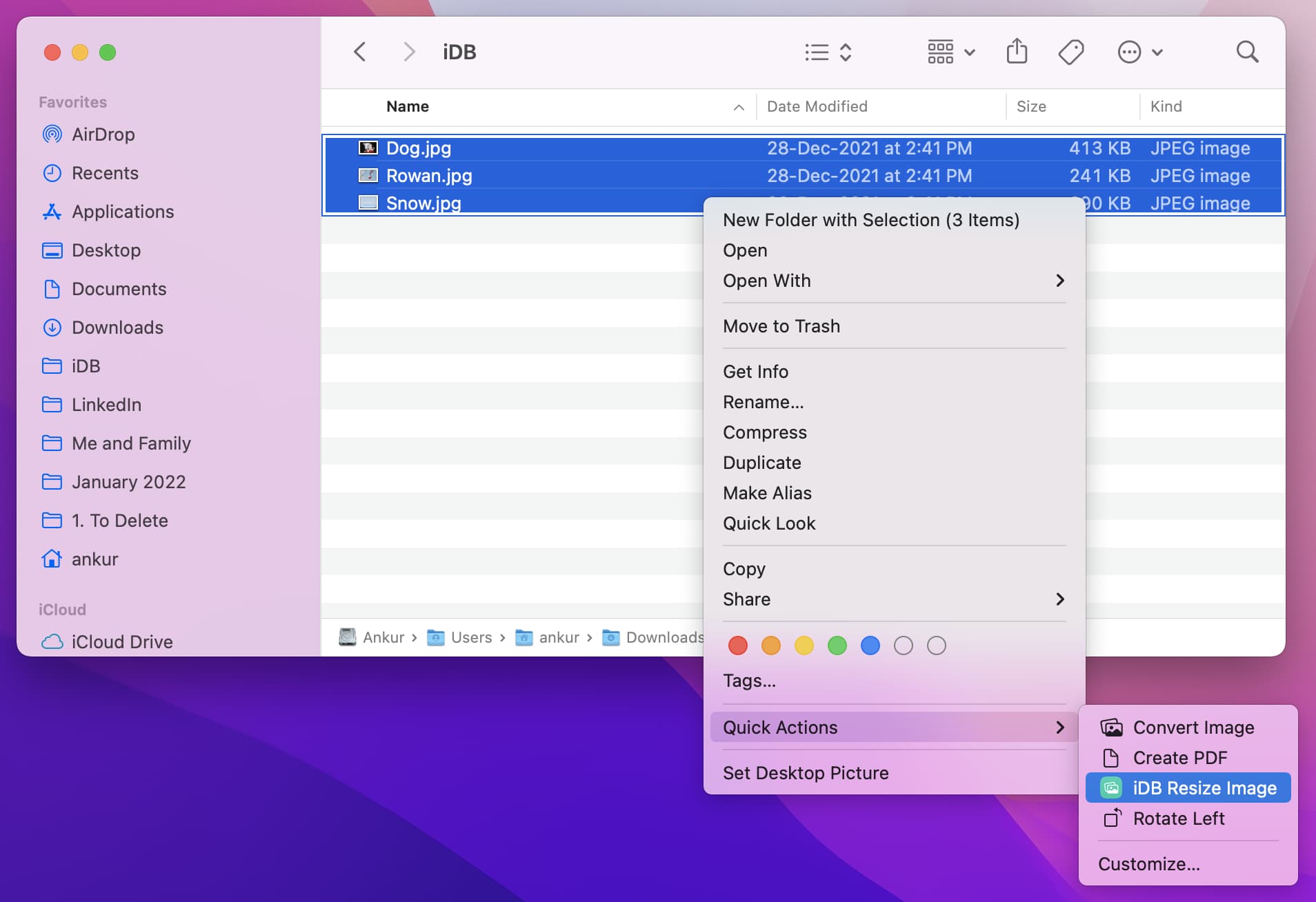 Seleziona il collegamento Ridimensiona immagine nelle Azioni rapide del Finder