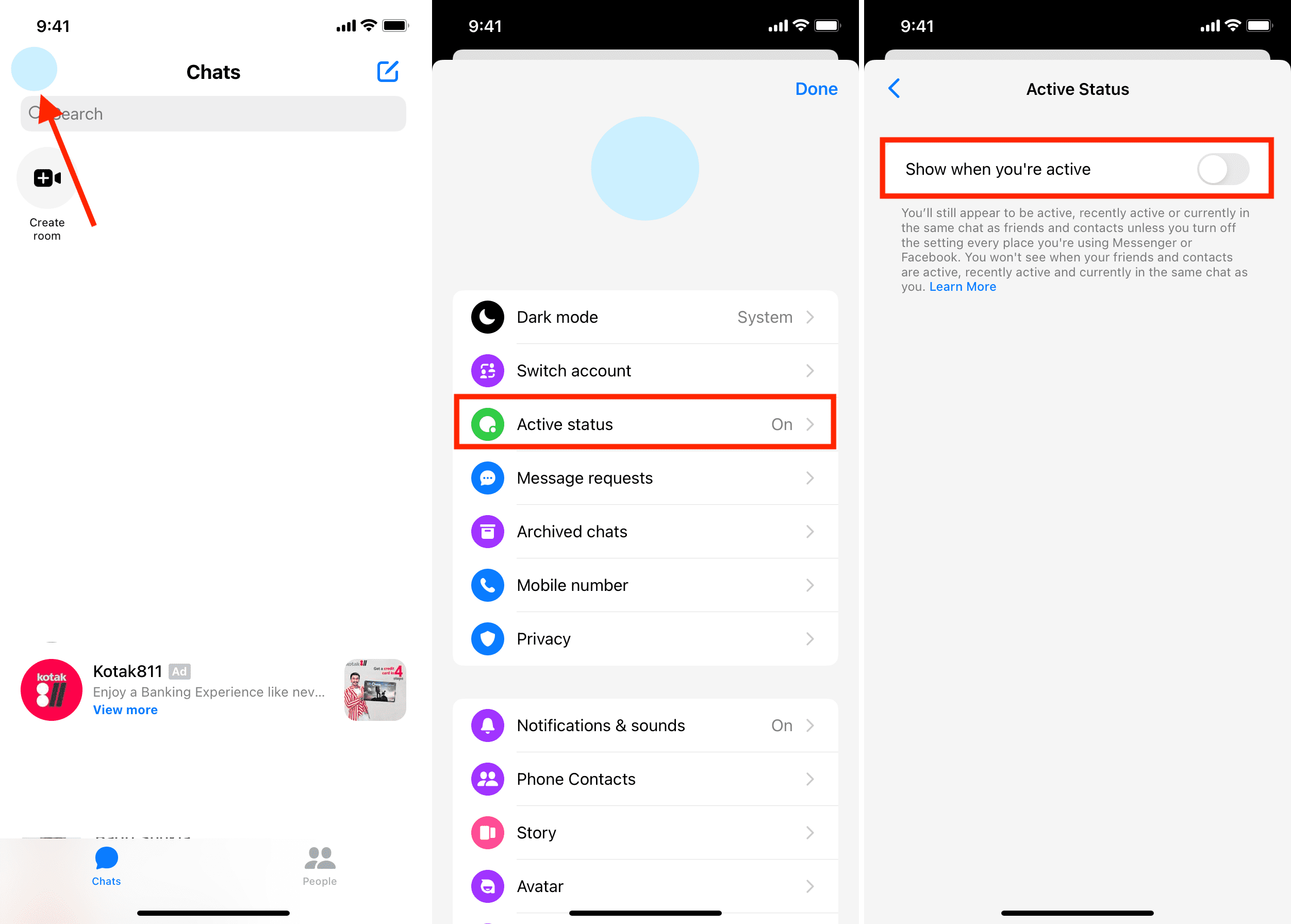 Disattiva l'app Active Status Messenger