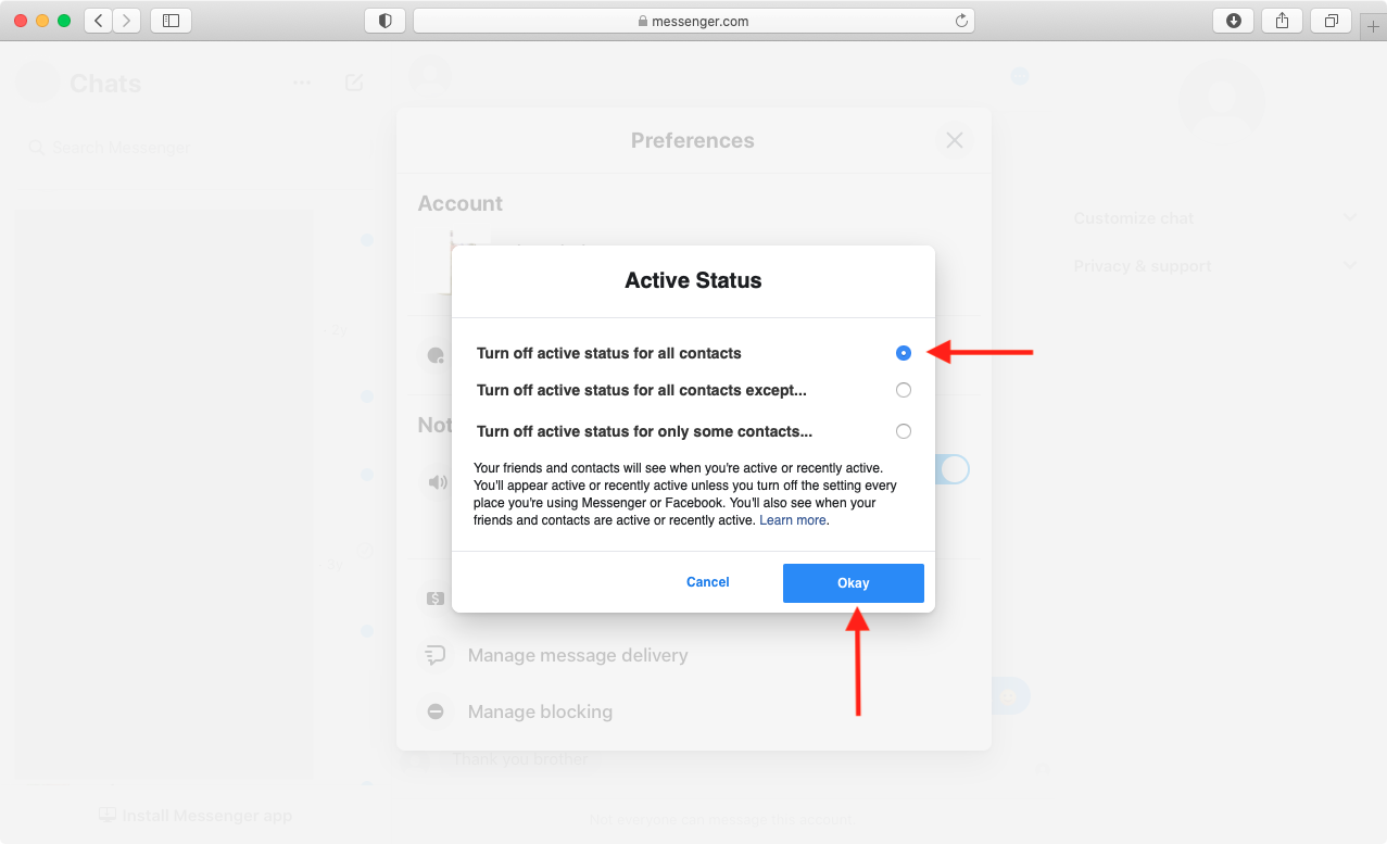 Disattiva lo stato attivo per tutti i contatti in Messenger sul Web