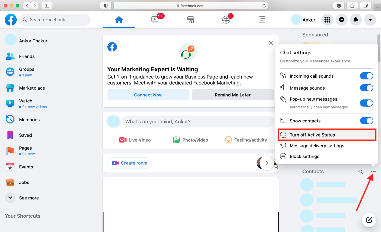 Disattiva lo stato attivo per Facebook sul web