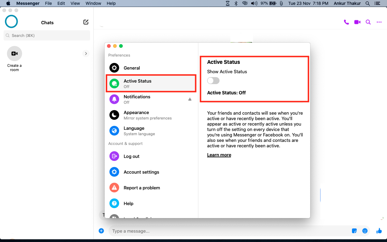 Disattiva lo stato attivo sull'app desktop Messaggi