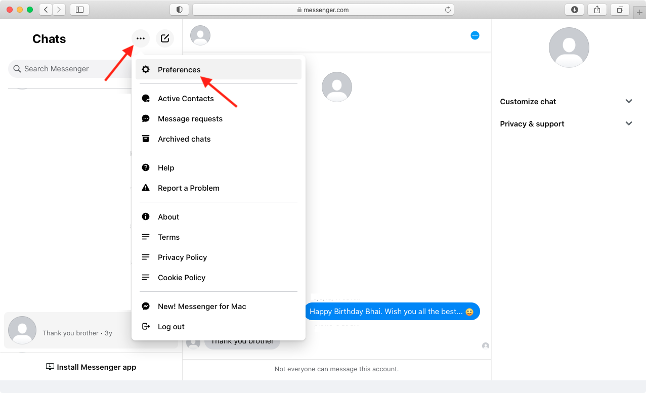 Icona a tre punti e poi Preferenze in Messenger sul web