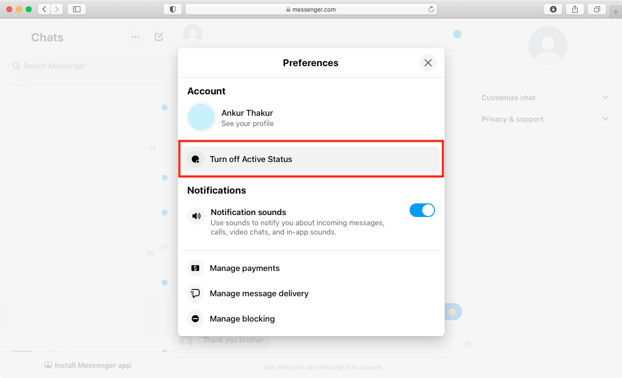 Disattiva lo stato attivo in Messenger sul Web