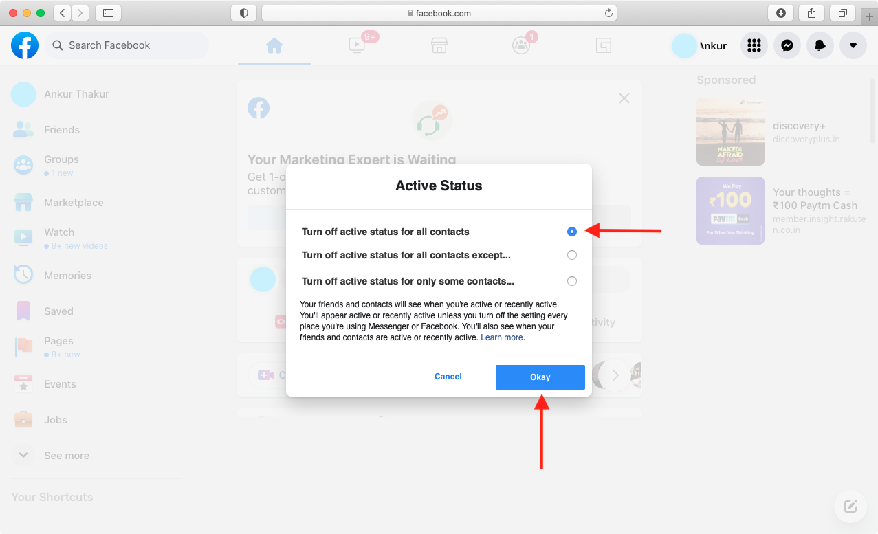 Disattiva lo stato attivo per tutti i contatti in Facebook sul Web