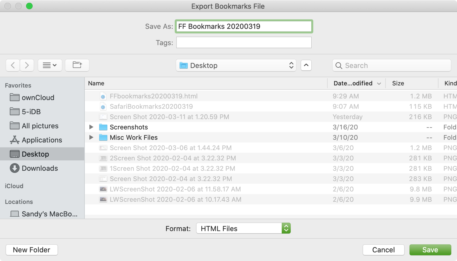 File dei segnalibri di esportazione di Firefox