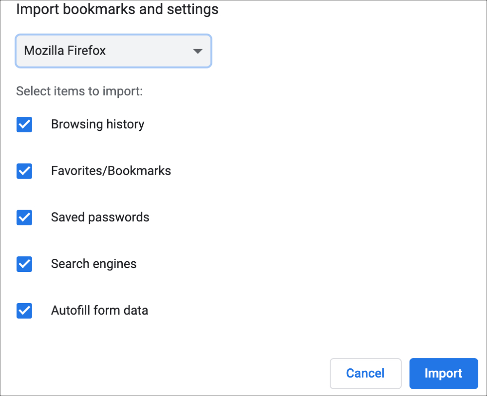 Importazione di Chrome da elementi di Firefox