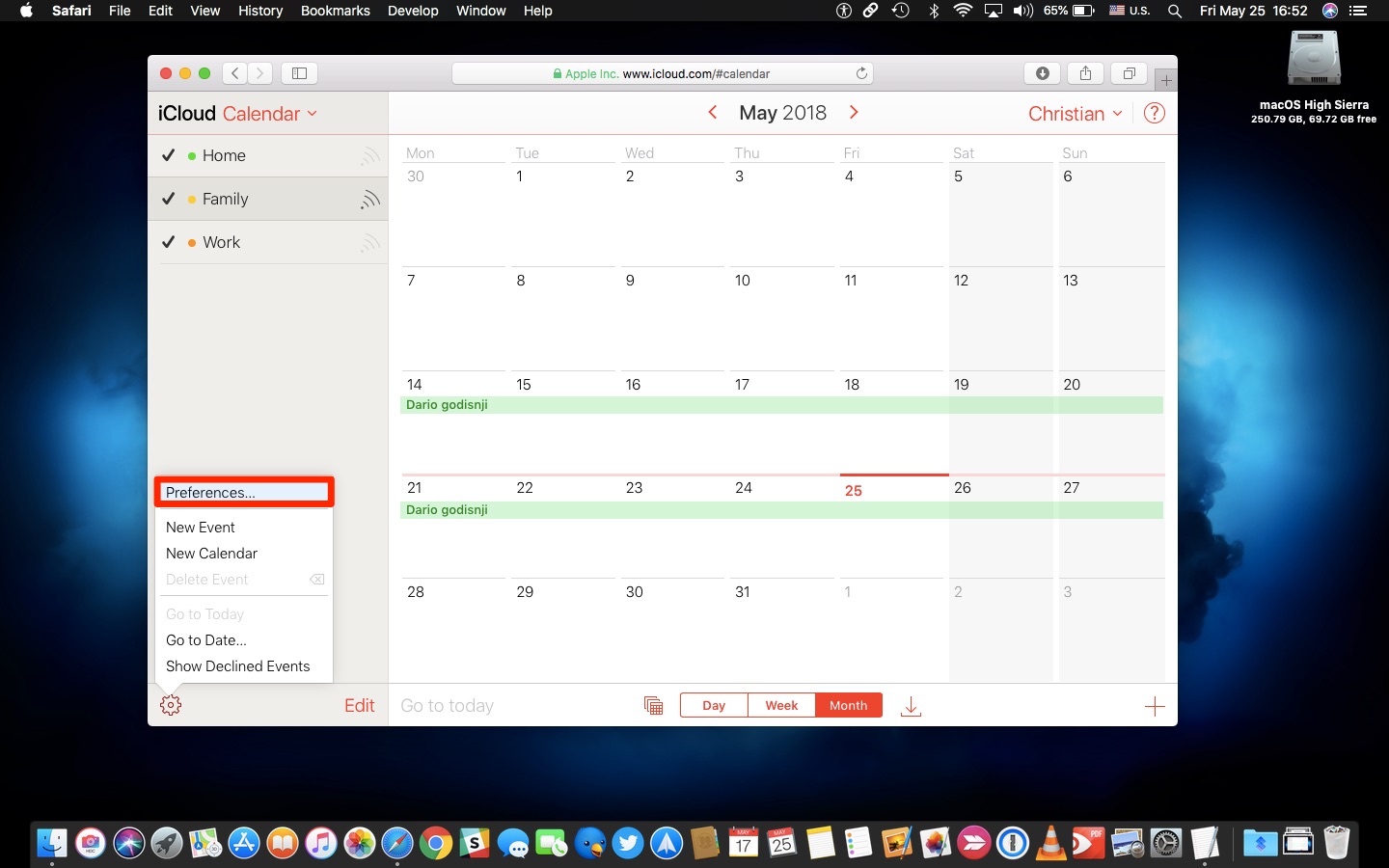 Preferenze di iCloud per i compleanni di Apple Calendar