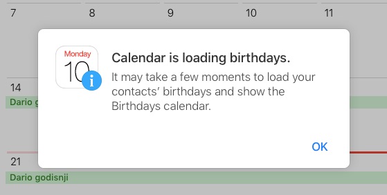 Messaggio di caricamento dei compleanni del calendario Apple