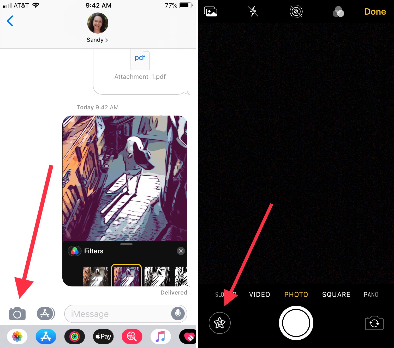 iMessage Fotocamera e pulsanti degli effetti