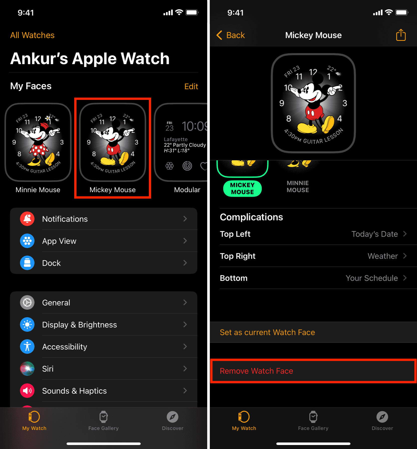 Rimuovi il quadrante usando l'app Watch