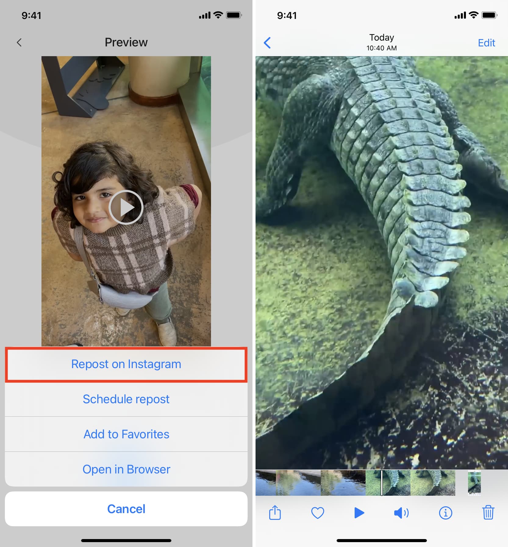 Instagram Reel salvato nell'app Foto di iPhone