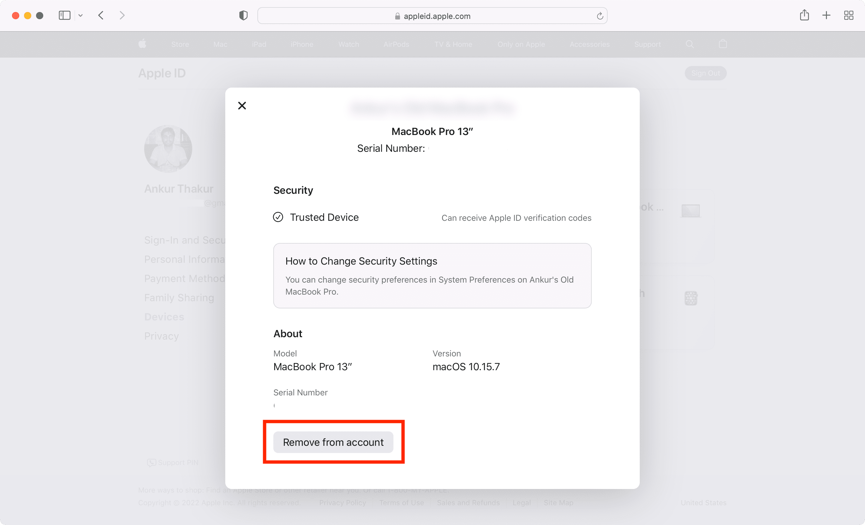 Rimuovi il dispositivo attendibile dal tuo account Apple via web