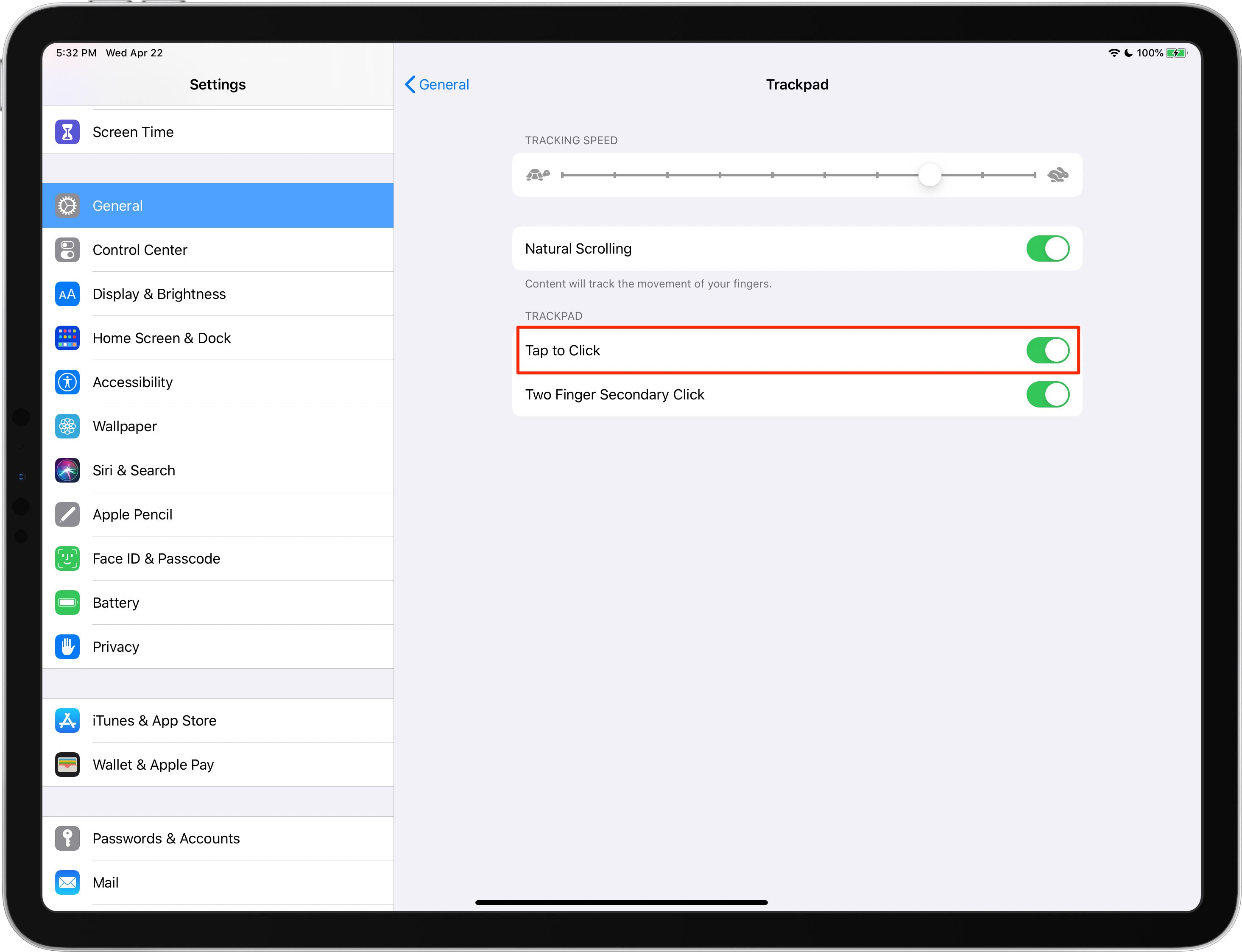 iPad tocca per fare clic su abilitato